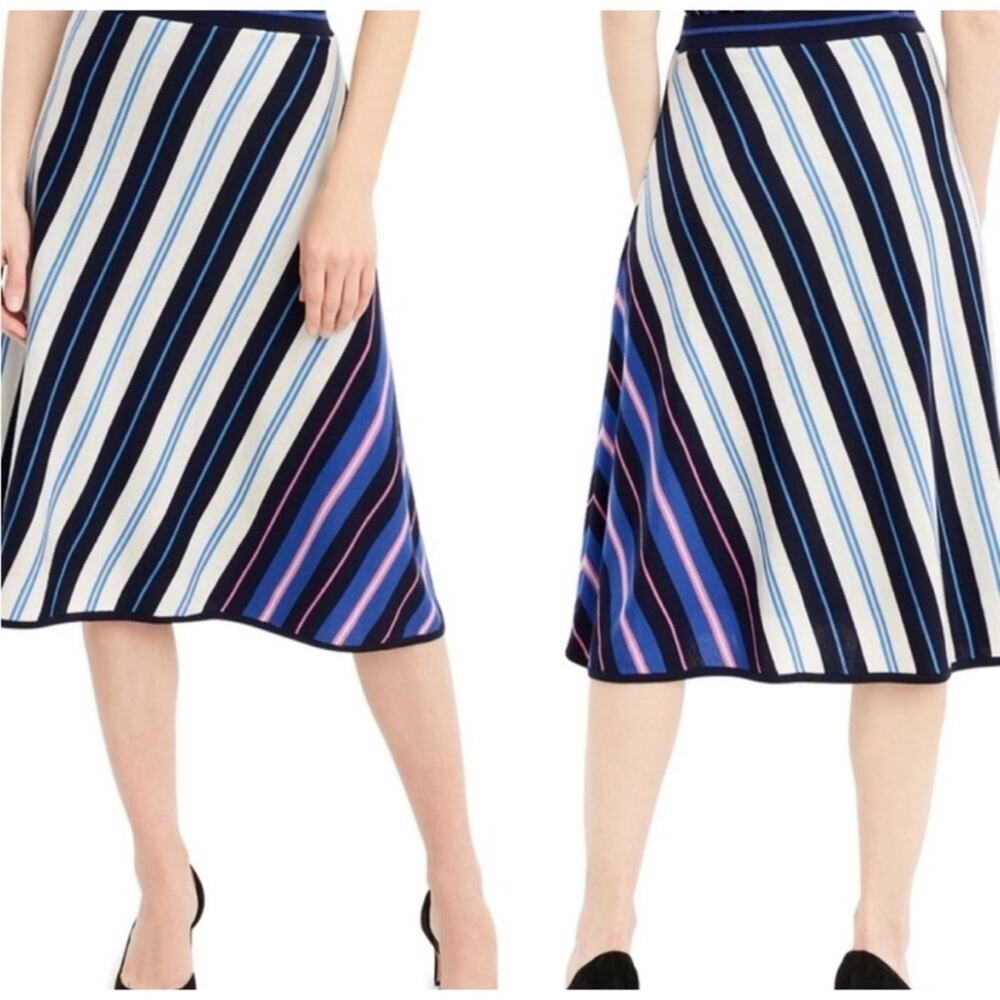 J Crew Merino wool A-line skirt diagonal stripe midi blue white black pink L3136 - Picture 2 of 6